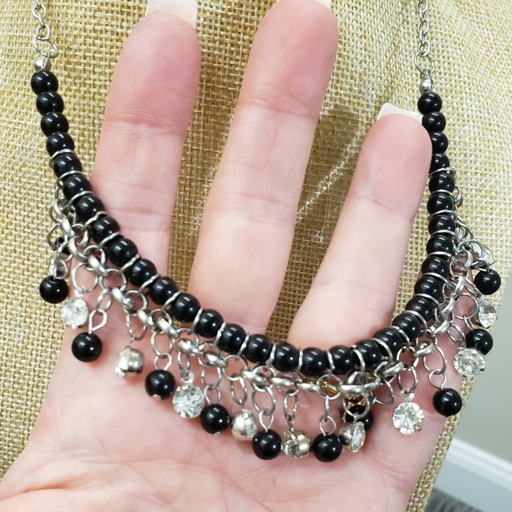 Vintage silver, multi bead, rhinestone jeweled dangle charms statement necklace - Picture 6 of 9